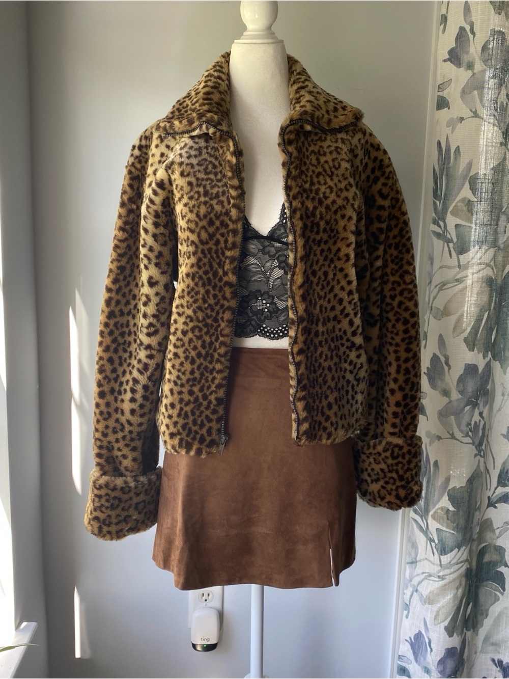 Vintage 90s Faux Fur Leopard Print Coat Jacket XS Penny Lane Mob Wife